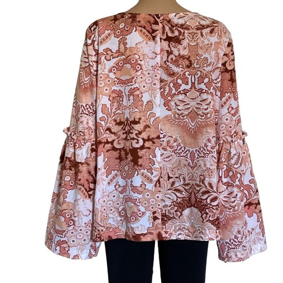 LC Lauren Conrad Blouse White Coral Damask Bow Tie Bell Sleeves Size XL - Picture 2 of 12